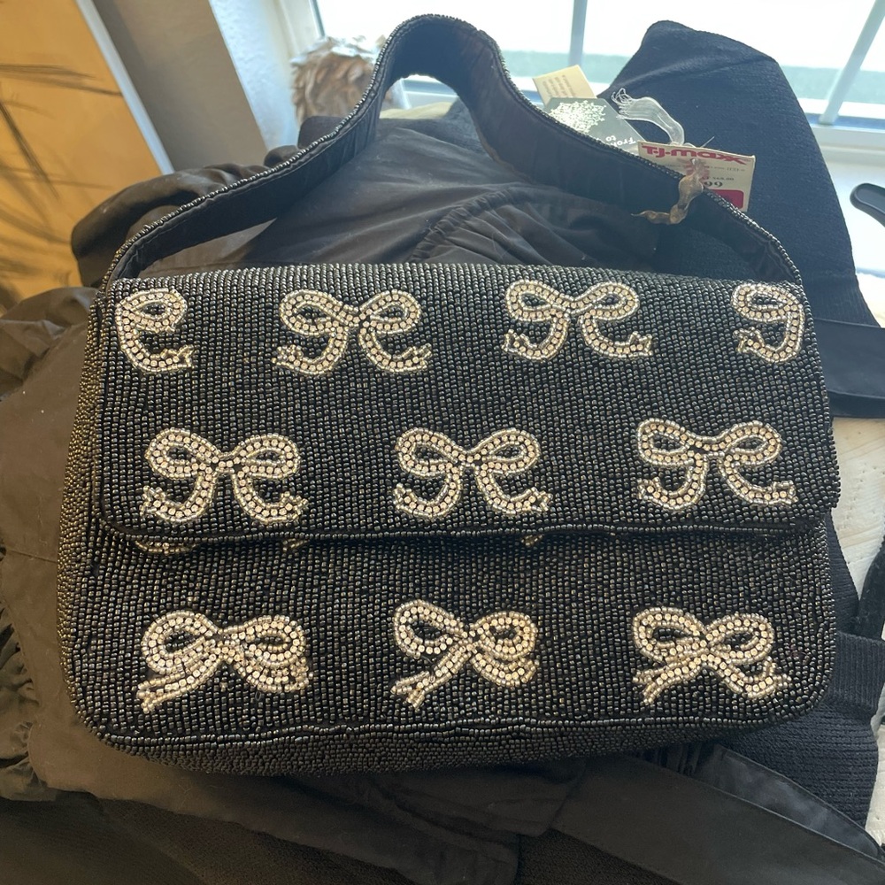 Viral Black Beaded Bow Handbag